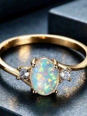 Women Oval Opal Statement Ring Gold Tone Clear Accent Stones Cocktail Ring